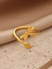 Anillo de mujer con diseño de libélula y hoja chapado en oro de 18K, anillo ajustable abierto resistente a la decoloración, joyería de boda única, adecuado para vacaciones, fiestas y accesorios de baile, regalo perfecto de cumpleaños/aniversario para novia/mamá/mejor amiga - Varios - Ver 5