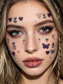 1pc Purple Glitter Butterfly Heart Skull Spider Web Face Decoration Sticker With Self-Adhesive Backing, Halloween Sweet Cool Gothic Party Atmosphere Face Makeup Sticker, Multi-Element Design For Forehead, Around Eyes, Cheeks, Easily Create Sweet Spicy Dark Niche Atmosphere Makeup - Multicolor - View 3