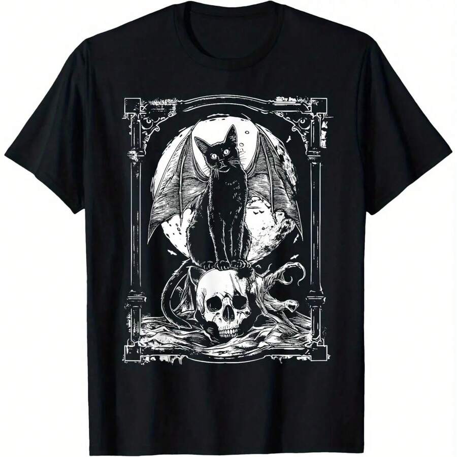 Mysterious Bat Skull Gothic Pattern T-Shirt Women's Black Metal Punk Style Perfect Outdoor Casual Avant-Garde Fashion Graphic - Black - View 1
