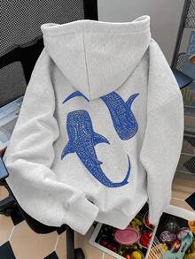 Whale Pattern Printed Sweatshirt, Plus Size Women's Casual Autumn/Winter Long Sleeve Pocket Hooded Sweatshirt Summer - Light Grey - View 3
