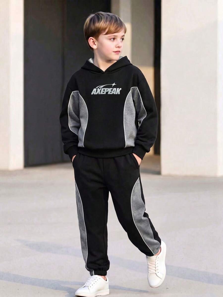 Tween Boy Autumn/Winter 2 Pieces Set, Side Patchwork Long Sleeve Top With Matching Cuffed Sweatpants, Logo Print Top And Bottom, Cool Casual Outfit - Black - View 1