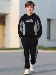 Tween Boy Autumn/Winter 2 Pieces Set, Side Patchwork Long Sleeve Top With Matching Cuffed Sweatpants, Logo Print Top And Bottom, Cool Casual Outfit - Black - View 2