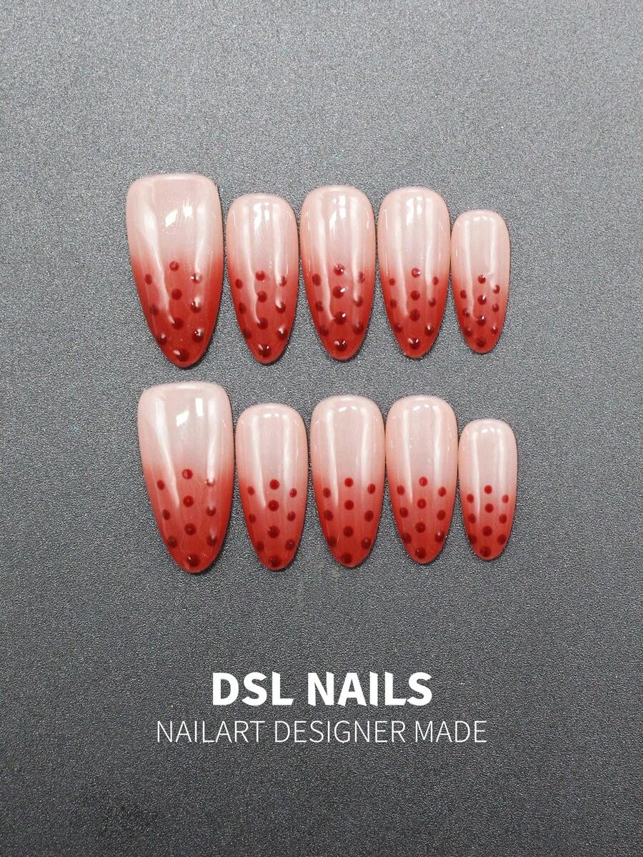 10pcs Almond Press-On Nails With Red Gradient Dotted Blush Design. Soft Gentle Daily Style. Full Nail Tools Included, Sweet Manicure Gift For Ladies. Handmade Press On Nails - Red - View 1