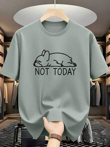 夏季休閒百搭「NOT TODAY」慵懶小狗印花圓領短袖T恤 - 橄欖綠 - 查看 1