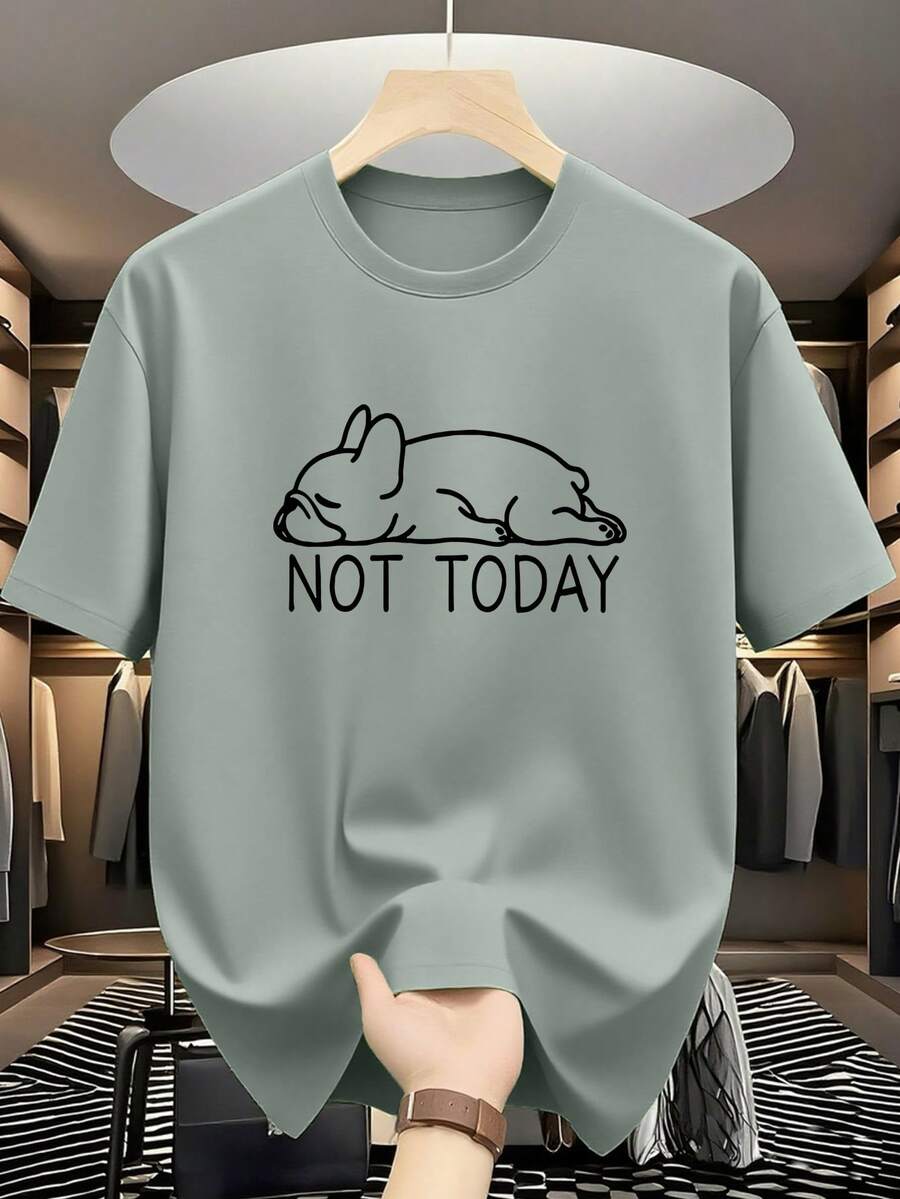 夏季休閒百搭「NOT TODAY」慵懶小狗印花圓領短袖T恤 - 橄欖綠 - 查看 1