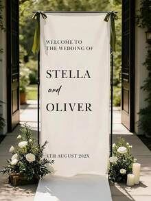 Cartel de Bienvenida Personalizado para Boda | Pancarta de Tela Vertical para Boda | Fondo Personalizado con Nombre & Fecha | Decoración Rústica para Ceremonia al Aire Libre - Multicolor - Ver 3