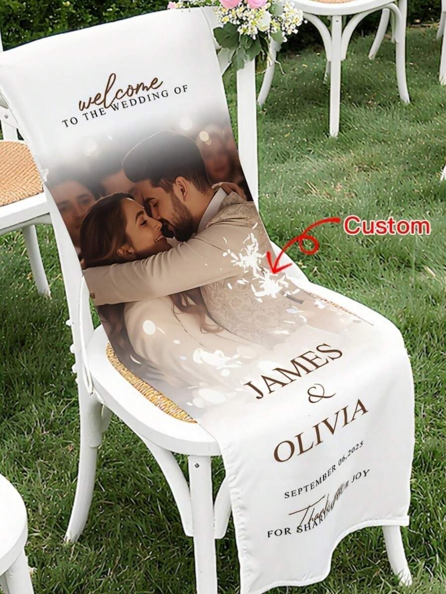 Personalized Wedding Chair Decor, Customizable Photo/Text And Name, Elegant Commemorative Sign, Suitable For Weddings, Baptisms, Durable And Easy To Assemble, Suitable For Parties And Events Chairs And Seats - Multicolor - View 1