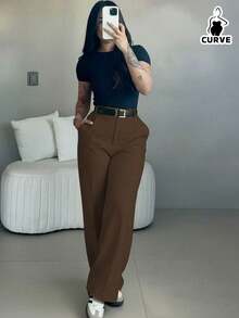 Women's Plus Size Woven Straight Leg Pants With Button & Zipper Detail Long Medium Stretch For Fall Outfits Brown - Brown - View 7