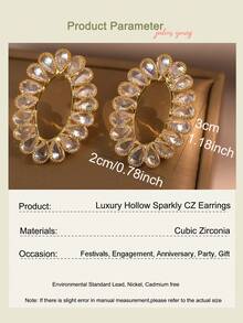 1pair Teardrop Cubic Zirconia Oval Gold Plated Hollow Sparkly Crystal Circle Earrings Luxury Elegant Jewelry For Women Wedding Party Daily Accessories - Yellow Gold - View 4