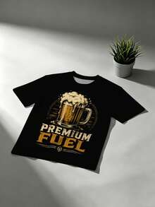 "Vintage Beer Mug Print" Pattern Sports Men Plus Size Top, Funny T-Shirt, Summer, Halloween Series - Polyester Knit Fabric, Round Neck Design, Regular Fit - Black - View 2