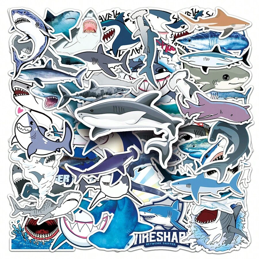 50pcs Cute Shark Stickers, Suitable For Water Bottles, DIY Decoration, Scrapbooking, Etc. - Multicolor - View 1