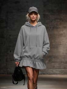 European & American Street Casual Hooded Sweatshirt Dress For Women, Drawstring Hood, Kangaroo Pocket, Dropped Shoulder, Long Sleeve, Ruffle Hem, Patchwork, Loose Fit, Slimming, Sporty Style, Short Dress - Grey - View 3