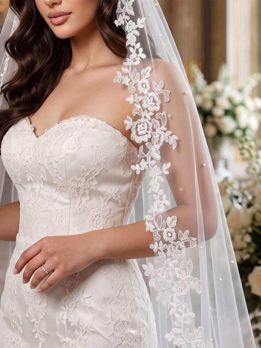 Heavy Floral Lace Pearl Embellished Floor-Length Veil, Single Layer Extra Long 3 Meters Train Bridal Ceremony Veil