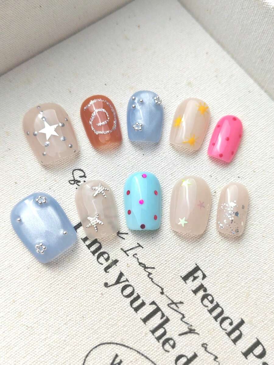 10pcs Medium Oval Handmade Nail Art Stickers Set, Pink, Blue, Green, Sweet And Cute, Star, Candy, Glitter Decoration, Suitable For Girls Daily, Office, School, Date, Party, Dance, Valentine's Day And Other Occasions - Multicolor - View 1