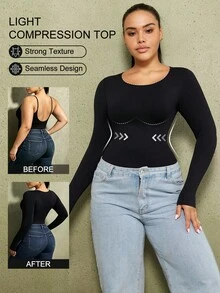 PAUKEE Plus Size Women's Shaping Long Sleeve Top, Tummy Control, Waist Shaping, Seamless Design Sports Bras, Lingerie For Women Plus Size, Lounge Sets For Women, Corset Tops For Women - Black - View 9