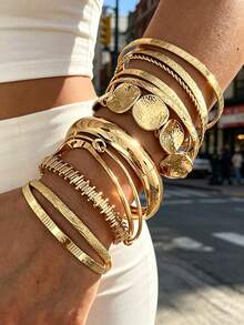 12/7pcs Vintage Elegant Wide Plain Metal Disc Beaded Elastic Bracelet Set, Suitable For Women's Daily, Party, Vacation And Multi-Occasion Wear, Gift - Gold - View 6