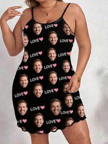 Women's Custom Spaghetti Strap Mini Slip Dress, Black, Decorated With Personalized Face, Red LOVE Letters And White Heart All-Over Print - Multicolor - View 3