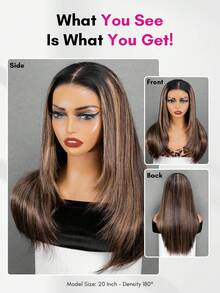 ISEE 180% Density 16-24 Inch Straight Human Hair Glueless Transparent Lace Front Layered Dyed Brown Highlight Wig, Suitable For Beginners Daily Wear - SNATURAL/27 - View 5