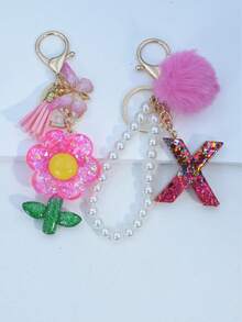1pc Resin Starry Sky Epoxy Letter Keychain With Black Fur Ball Tassel Decor, Heart Pendant Gift For Friend And Mom - Hot Pink - View 20