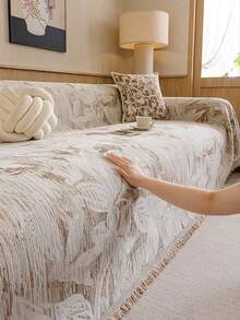 1pc French Style Modern Minimalist Floral Pattern Sofa Cover Blanket, Dust-Proof Stain-Resistant Machine Washable Hand Washable Sofa Cover, Fashionable Fresh Sofa Slipcover, Pet-Friendly Protective Cover, Suitable For Bedroom, Office And Living Room Home Decor - Khaki - View 1