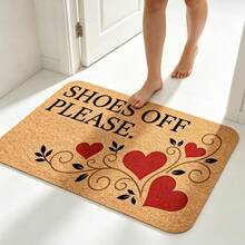 1pc Brown Background Red Heart Vine Print Shoes Off Please Doormat, Soft Pastoral Style Flannel Rounded Rectangle Rug, Symmetrical Scroll Leaf Design With 4 Red Hearts, Non-Slip Dust-Absorbing Water-Absorbent Entrance Mat, Suitable For Wedding Room, Entryway, Living Room, Indoor, All Season Daily Home Use - Multicolor - View 3