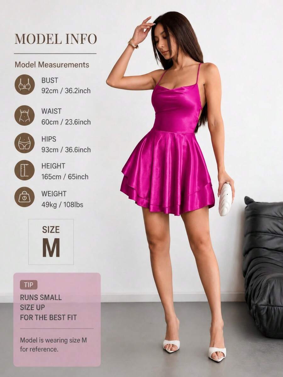 1pc Sexy Satin Backless Halter Neck Elegant Pleated Dress, Suitable For Bar, Party, Home Summer - Hot Pink - View 1