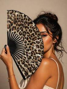 Elegant Leopard Print Bamboo Folding Fan, Black Frame, Fashionable Lightweight Portable Hand Fan, Women's Travel Accessory, Perfect Gift - Multiple Styles - View 2