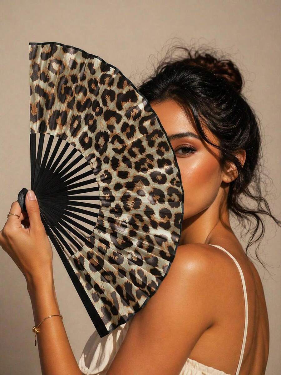 Elegant Leopard Print Bamboo Folding Fan, Black Frame, Fashionable Lightweight Portable Hand Fan, Women's Travel Accessory, Perfect Gift