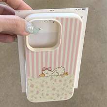 1pc TPU Material Cute Pink & White Striped Floral Duck Pattern Phone Case Compatible With IPhone 17 Pro Max/17/16 Pro Max/15/13/12/11/ S20 FE/A15/S24/A55/ Note 11/Note 12/Note 13 Pro Full Coverage Anti-Drop Soft Shell Protective Cover - White - View 4
