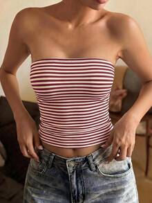 女款夏季性感辣妹休閒百搭 Y2K 風格抹胸上衣 - 紅色條紋 - 查看 2