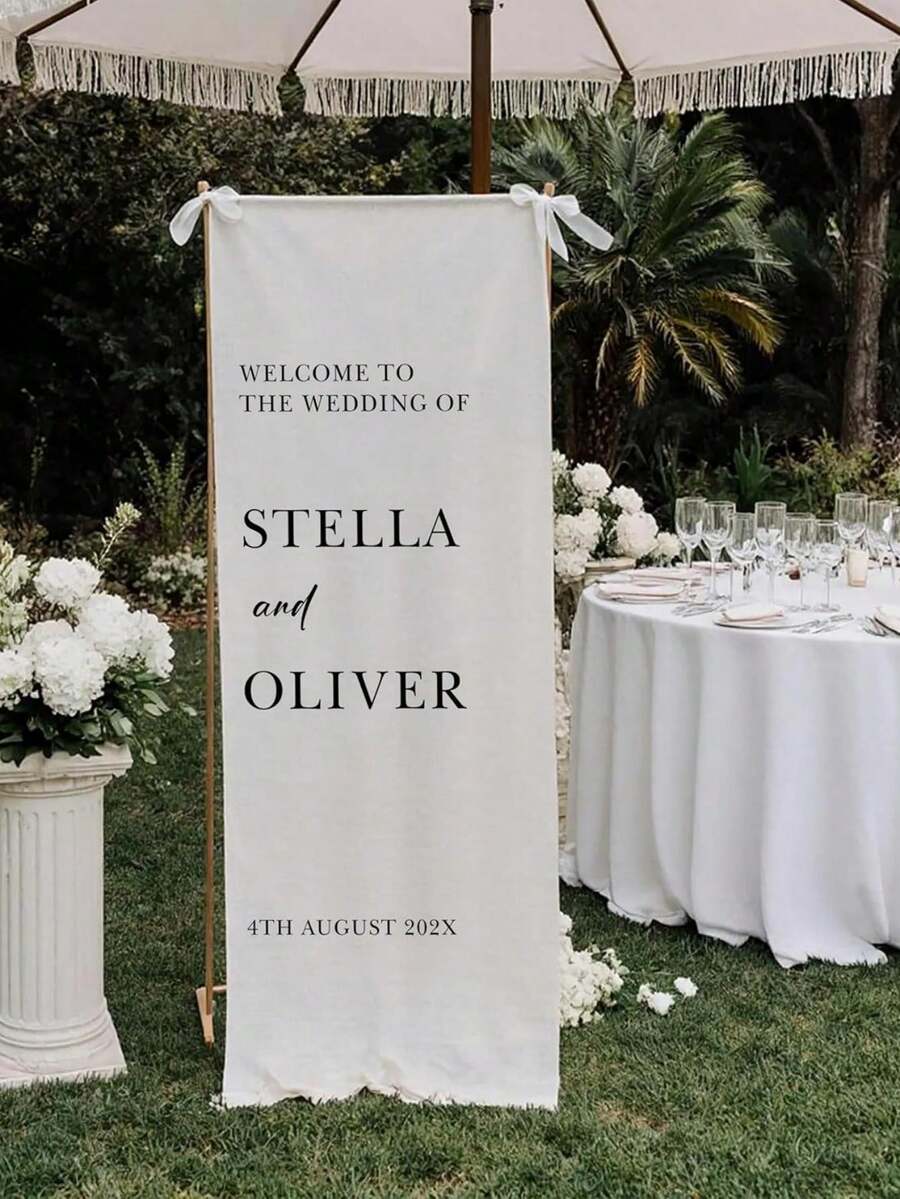 Cartel de Bienvenida Personalizado para Boda | Pancarta de Tela Vertical para Boda | Fondo Personalizado con Nombre & Fecha | Decoración Rústica para Ceremonia al Aire Libre - Multicolor - Ver 1