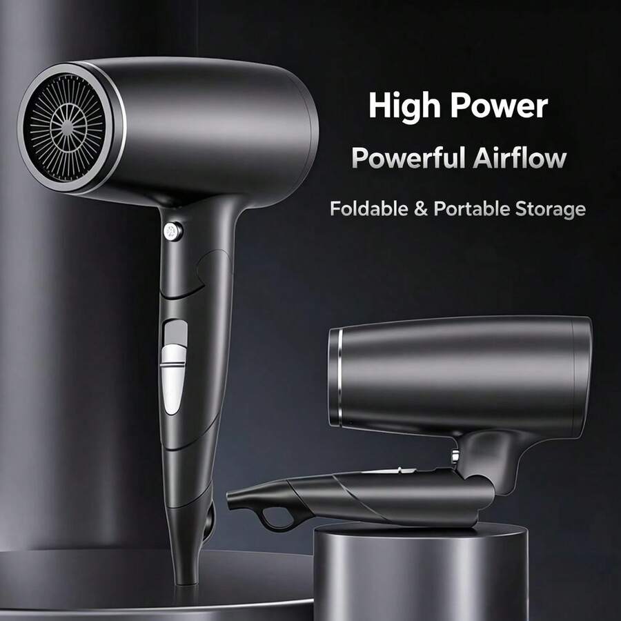 Foldable High-Power Hair Dryer With Strong Airflow. Features 2 Wind Speeds And 4 Heat Settings For Fast Hair Drying And Styling. Built-In Auto Overheat Shut-Off Protection, Comes With Detachable Nozzle. Ideal For Home And Travel Use. - Dark Grey - View 1