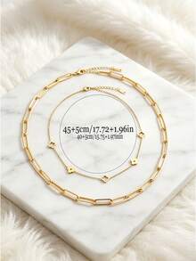 2pcs/Set Multi-Style Long Mixed Chain Necklaces, 18K Gold Plated Stainless Steel, Clover, Twisted Dough, Round Snake Shape Layered Choker - Gold 3 - View 5