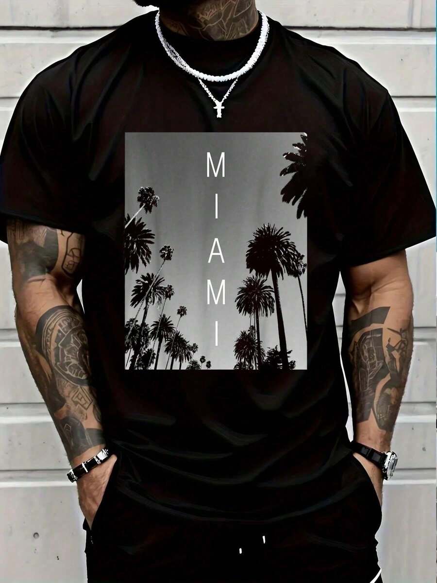 Casual 100% Cotton Miami Beach T-Shirt, South Beach Souvenir T-Shirt, Florida, Graphic T-Shirt For Women And Men, Men's Summer Cotton T-Shirt - Black - View 1