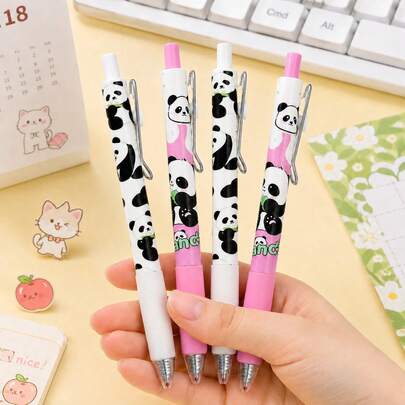 4/8 buah Pulpen Gel Kuas Pulpen Cepat Kering Bentuk Panda Pulpen Tekan Netral Tinta Hitam 0,5mm, Perlengkapan Sekolah Penting