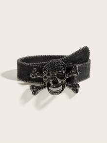 Sabuk PU Lebar Wanita Gaya Gothic dengan Gesper Tengkorak dan Tulang Silang Bertabur Berlian Imitasi, Sabuk Tepi Paku Keling Motif Bunga Timbul Bergaya Vintage, Aksesori Gaya Jalanan Punk Rock Y2K - Tengkorak Hitam - Timbul - View 1