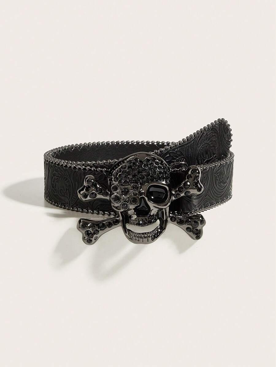 Sabuk PU Lebar Wanita Gaya Gothic dengan Gesper Tengkorak dan Tulang Silang Bertabur Berlian Imitasi, Sabuk Tepi Paku Keling Motif Bunga Timbul Bergaya Vintage, Aksesori Gaya Jalanan Punk Rock Y2K - Tengkorak Hitam - Timbul - View 1