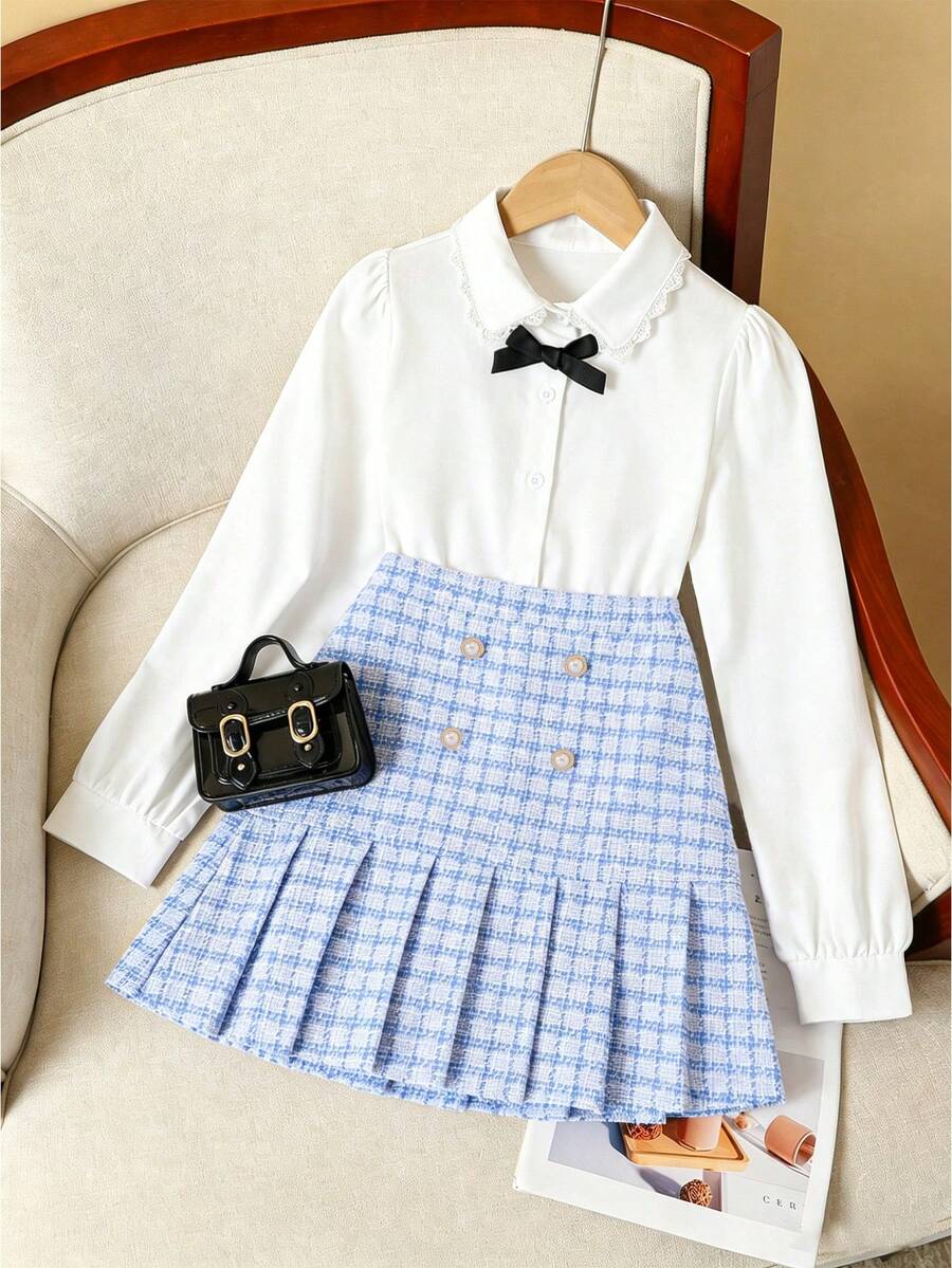 Back To School Season Girls' Fashion Elegant Ruffle Blouse And Plaid Pleated Skirt Set - Baby Blue - View 1