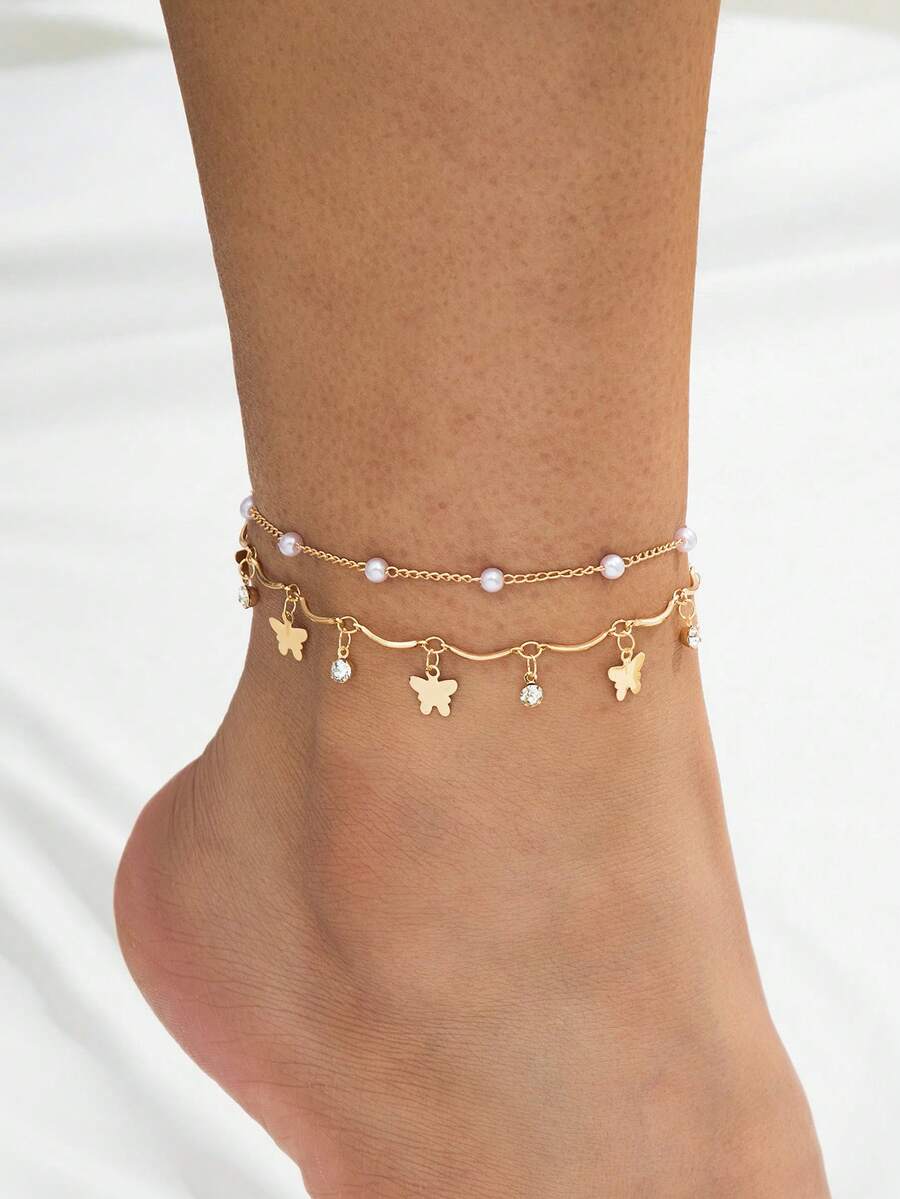 1 Stück funkelnder eleganter Sommer Strandurlaub Feenstil süßer Kunstperle/Schmetterling Anhänger Damen doppellagiger Fußkettchen - Goldgelb - Übersicht 1