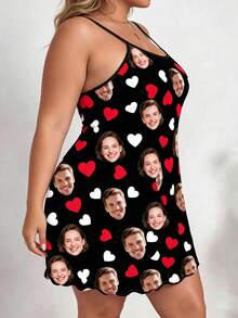 Women's Customized Spaghetti Strap Sleeveless Mini Slip Dress, Black, Personalized Double-Sided Red And White Heart All-Over Print - Multicolor - View 2