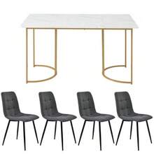 Dining Set (5-Piece), Dining Table With 4 Chairs, Modern Kitchen Table Set, 140*80cm Kitchen Table With Gold Metal Legs, MDF Tabletop In White, Dark Grey Linen Dining Chairs - White - View 4