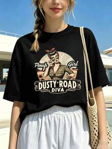 Women's Spring Vintage Pin-Up Graphic T-Shirt, Premium Cotton, Crew Neck, Relaxed Fit, Hip-Hop Street Style - Black - View 6