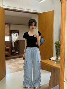 YCYC Design 抽繩綁帶蝴蝶結裝飾女款百搭休閒長褲 - 藍色 - 查看 6
