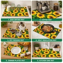 1pc Sunflower Pattern Diatomaceous Earth Absorbent Drainage Mat, Non-Slip Heat-Resistant Kitchen Countertop Drying Mat, Coffee Machine Mat/Beverage Mat/Dish Rack Mat, Easy To Clean And Hide Stains, Suitable For Kitchen, Dining Table, Coffee Bar, Bar, Party And Home Decor - Multicolor - View 4