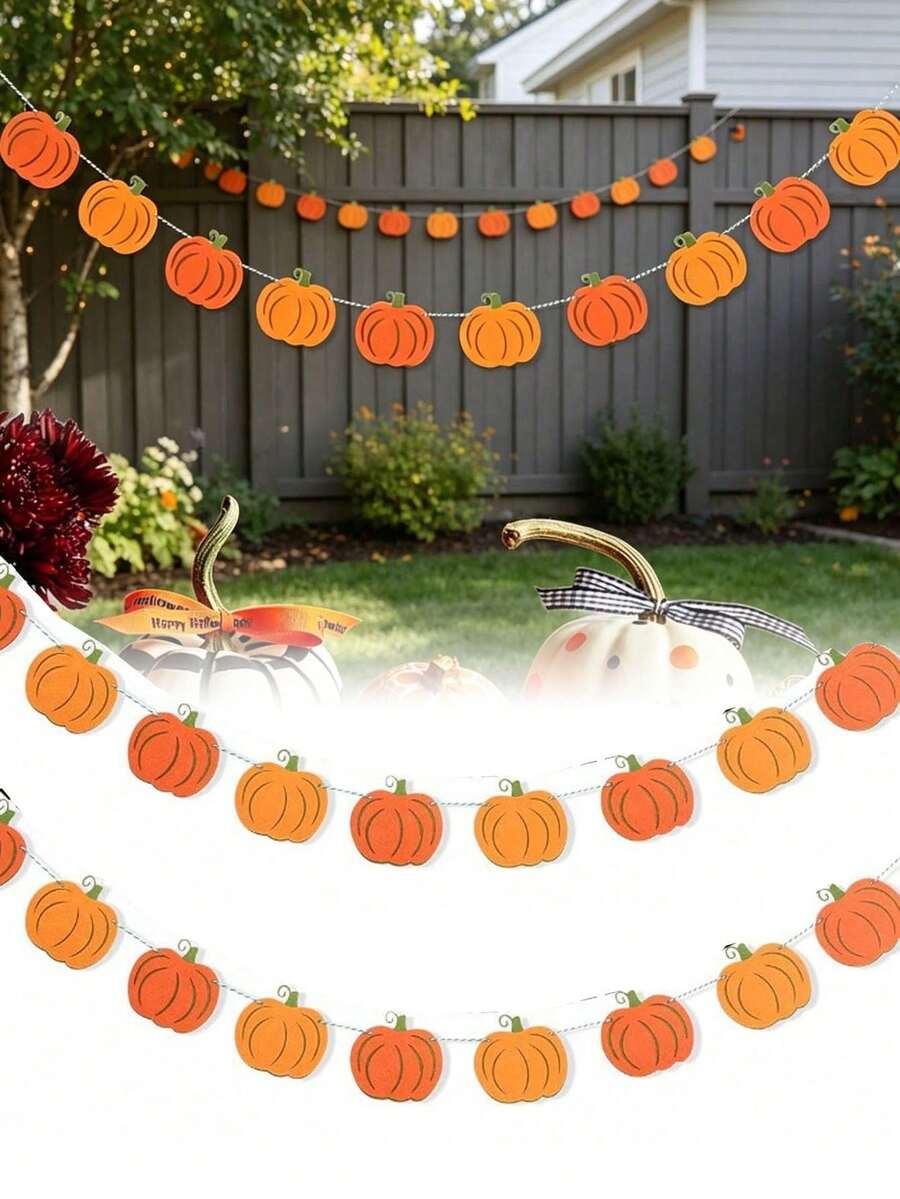 1pc Halloween Felt Pumpkin Banner, Pumpkin Fireplace Ceiling Hanging Garland, Thanksgiving Double Layer Pumpkin Garland, Halloween Decoration Bunting, Party Backdrop Props, Holiday Decoration Banner - Multiple Styles - View 1