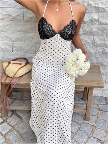 Women's Polka Dot Halter Dress Satin Backless Midi Dress With Lace Bodice Adjustable Tie Front Summer Vacation Beach Party Outfits - White - View 4
