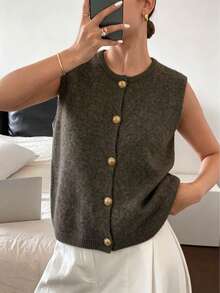 1pc Minimalist Solid Color Gentle Vibe Single-Breasted Metal Button Knit Vest, Casual Tops For Women, Round Neck Fashion Sweater - Brown - View 9