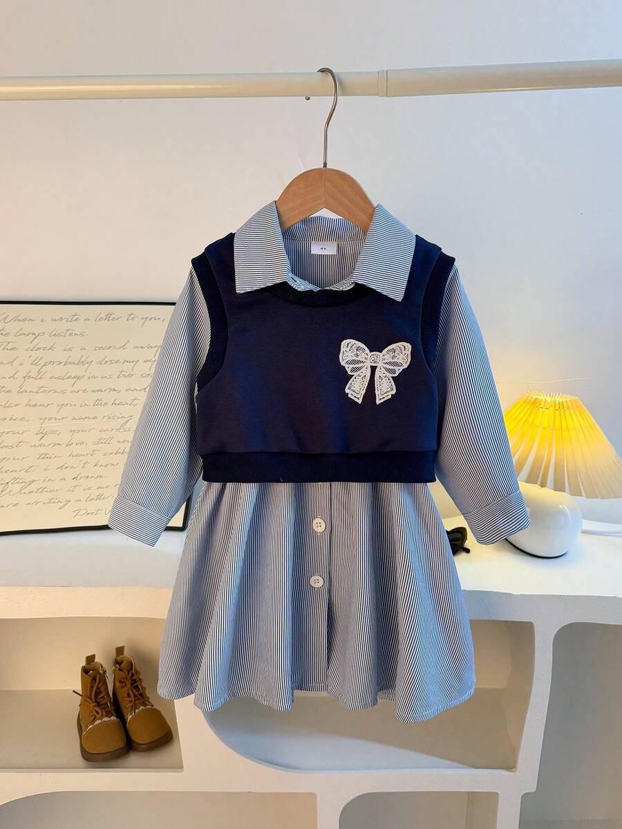 2pcs/Set Rok A-Line Lengan Panjang Berkerah Garis Halus dengan Pita Renda dan Pita Renda untuk Anak Perempuan & Rompi Pendek, Cocok untuk Perjalanan Sekolah/Pesta, Musim Semi/Gugur - Royal Blue - View 1