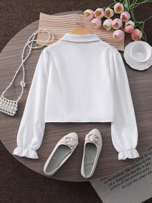 Blus Anak Perempuan Gaya Prancis Manis dengan Hiasan Pita, Lengan Pendek Mengembang, Lengan Panjang, Kerah Kecil, Kancing Putih, Kasual Sehari-hari Musim Semi/Gugur - Putih - View 3
