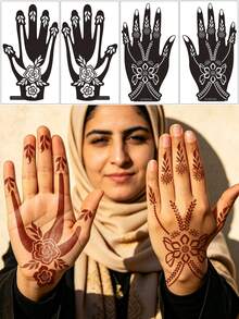 2 Pairs Reusable Symmetrical Hand Henna Tattoo Stencils Set, Floral & Geometric Mehndi Stencils, Fits Palm & Back Of Hand, Suitable For Festivals & Daily Body Painting - Black - View 2
